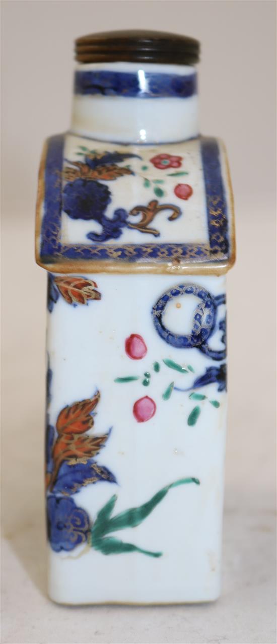 A Chinese famille rose pseudo tobacco leaf pattern tea caddy, Qianlong period, total height 12cm